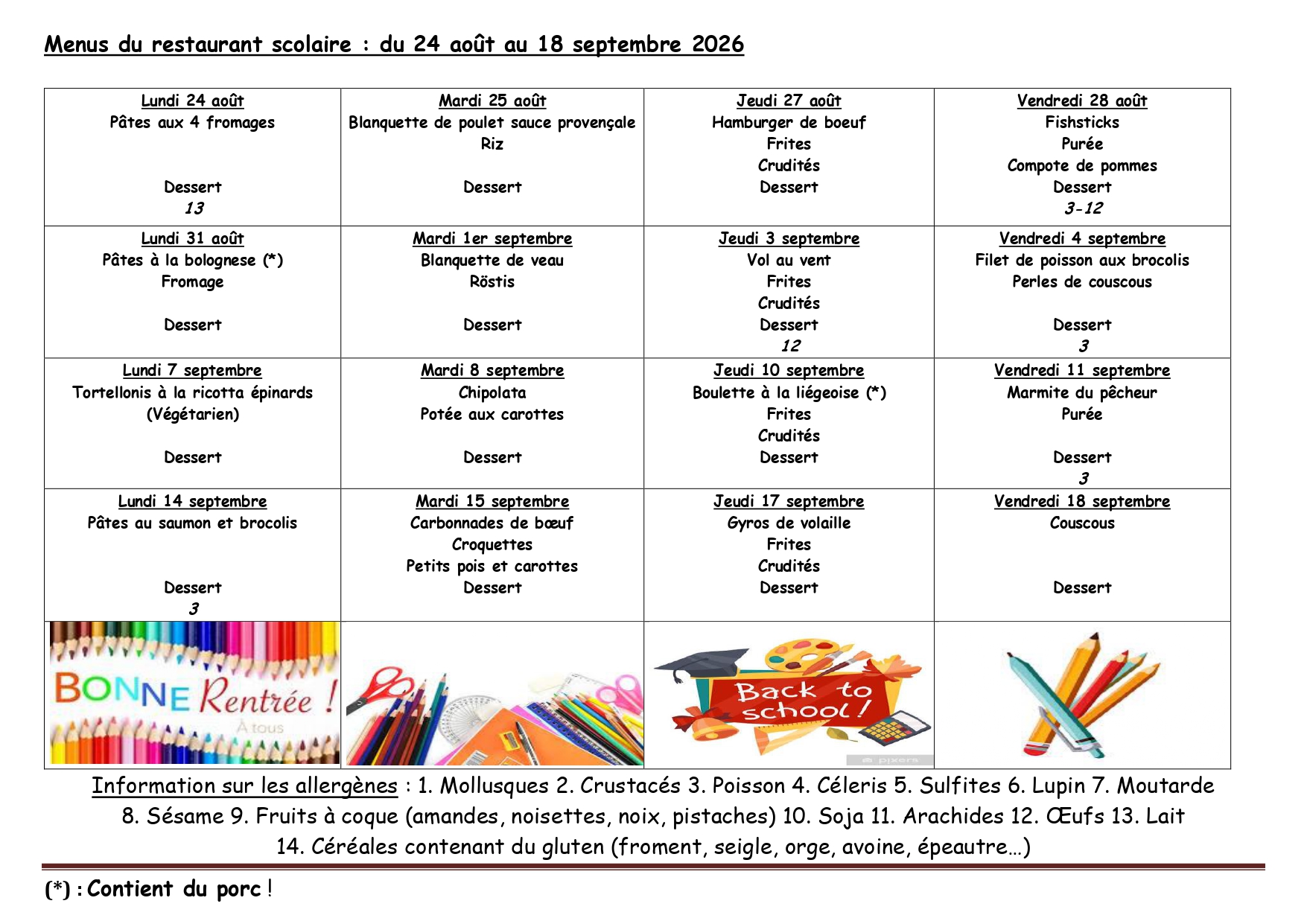 Menu du mois de Août-Septembre 2026 Mangombroux